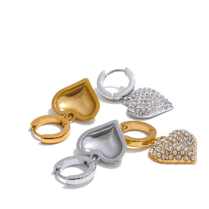 Cubic Zirconia Heart Drop Earrings - 18K Gold Plated Stainless Steel Classic Romantic Daily Wear Jewelry Waterproof