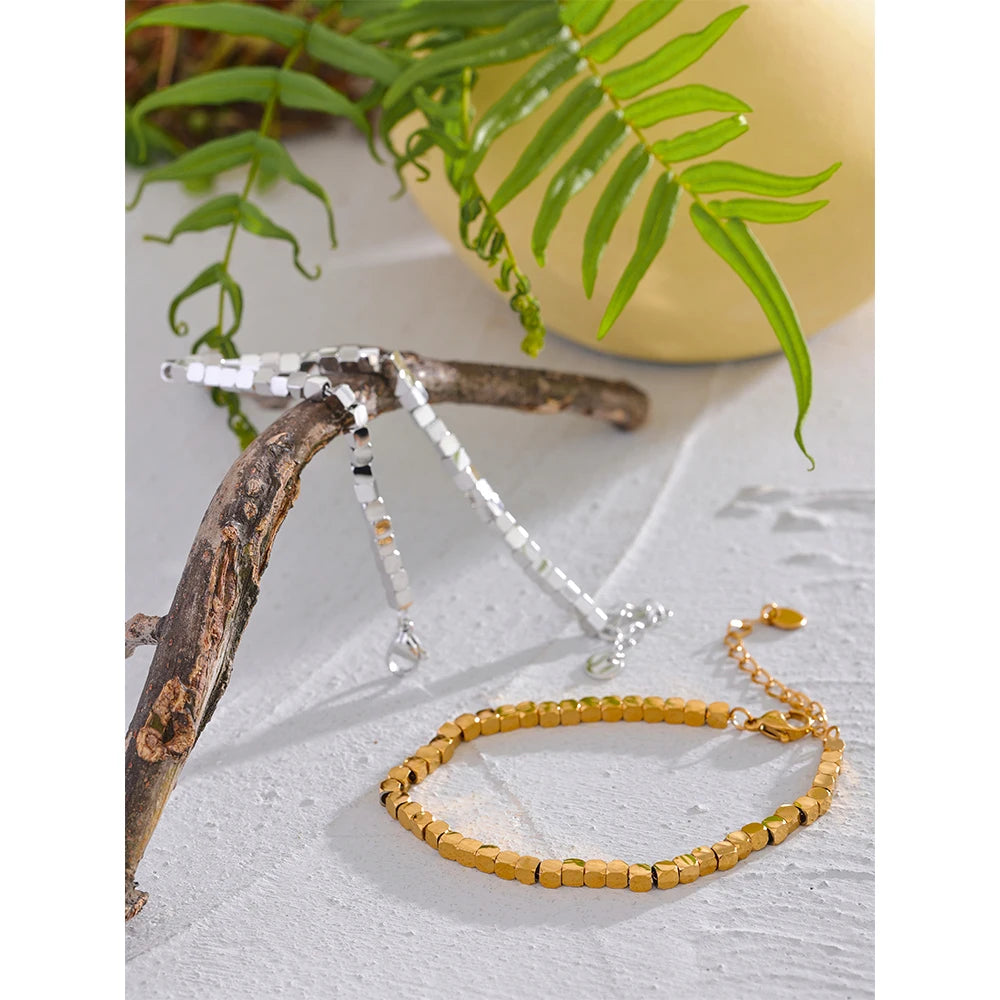 Polished Square Bead Bracelet – Handmade Gold Plated Stainless Steel