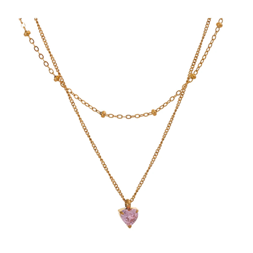 Elegant Pink Zircon Heart Double-Layer Necklace – Gold Plated