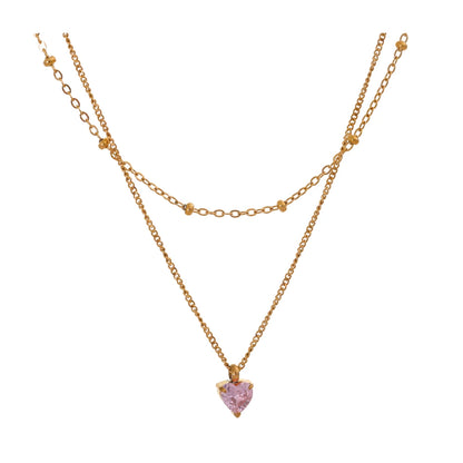 Elegant Pink Zircon Heart Double-Layer Necklace – Gold Plated