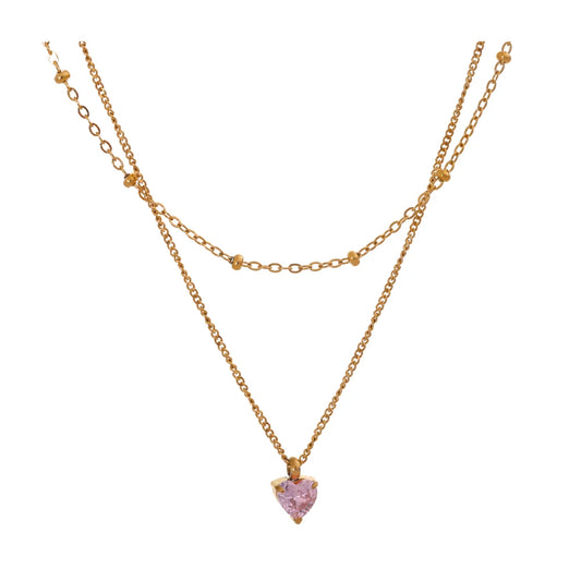 Elegant Pink Zircon Heart Double-Layer Necklace – Gold Plated