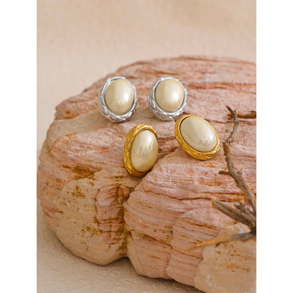Korean Style Off White Gold - Oval Stud Earrings for Women Pearl Stainless Steel 18K PVD Plated Fashion Jewelry