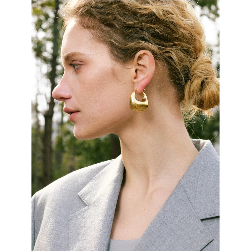 High Quality Stainless Steel Glossy Smooth Metal Chunky Hollow Hoop Earrings 18K Real Gold PVD Plated Jewelry