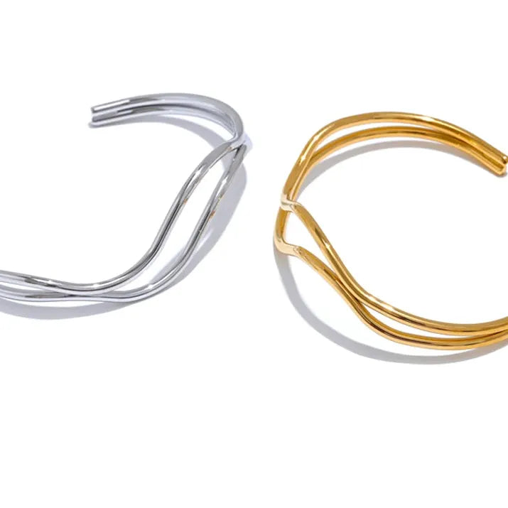 Double Layer Hollow Cuff – Adjustable Gold Plated Stainless Steel Bracelet