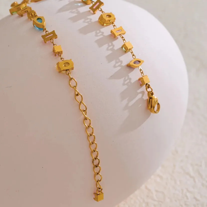 Colorful Zirconia Charm Bracelet – Gold Plated Stainless Steel, Waterproof