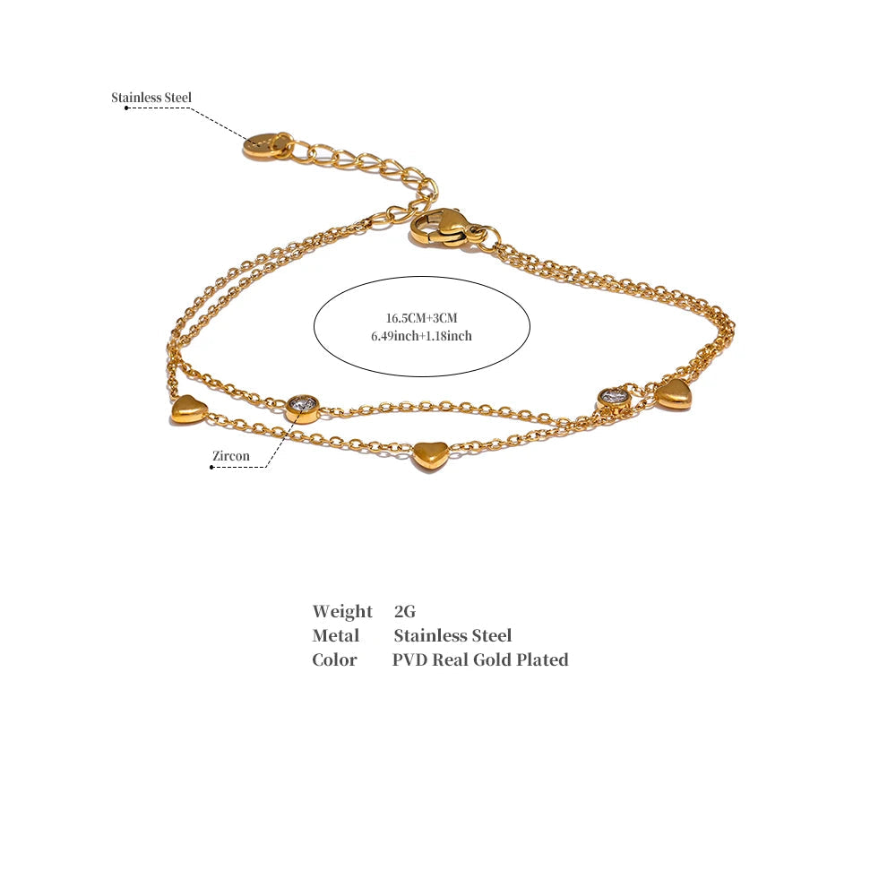 Heart Zircon Double Layer Bracelet – Gold Plated Stainless Steel