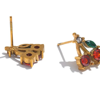 Red Cubic Zirconia Cherry Fruit Stud Earrings for Women Stainless Steel Waterproof Jewelry