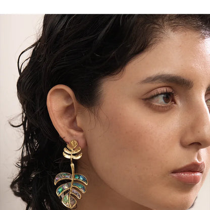 Stainless Steel Big Leaves Drop Dangle Earrings 18k PVD Plated Fashion Summer Jewelry