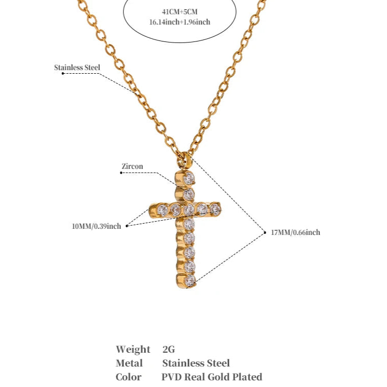 Cubic Zirconia Cross Pendant – 316L Gold Stainless Steel Necklace