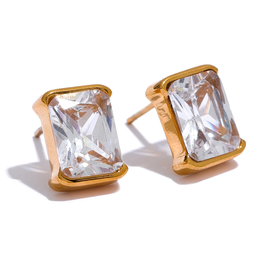 Cubic Zirconia Stainless Steel Square Stud Earrings 18K PVD Plated Trendy Daily Jewelry for Women