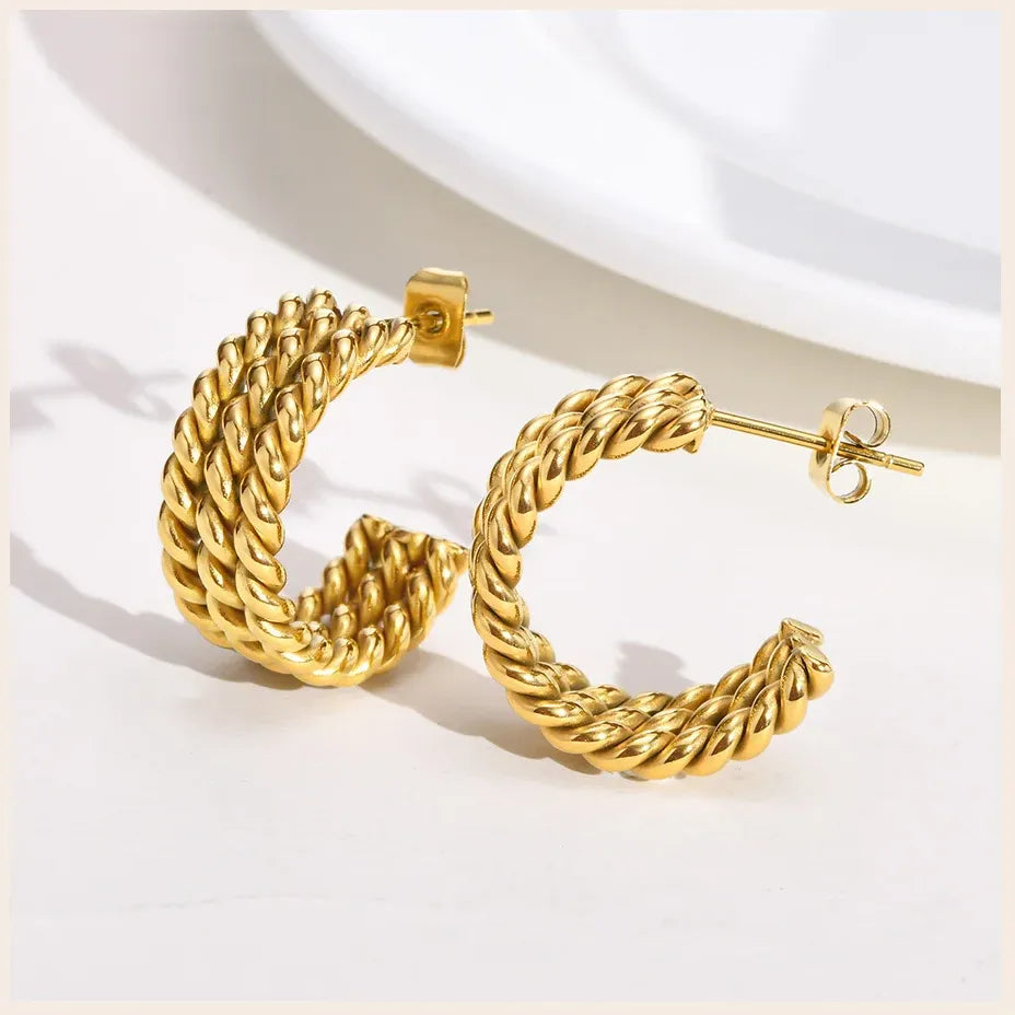 Triple Hoop Earring For Women, Rope Twist Open Hoops, Danity Fashion Stainless Steel Jewelry, No Fade