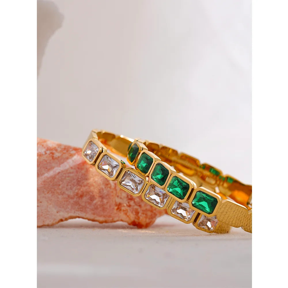 Green & White CZ Cuff Bracelet – 18K Gold Plated Waterproof Stainless Steel Jewellery