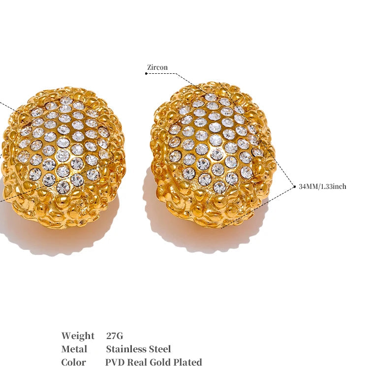 Large Push Back Cubic Zirconia Earrings - Hypoallergenic 18k Gold Colour Stainless Steel Jewelry for Women
