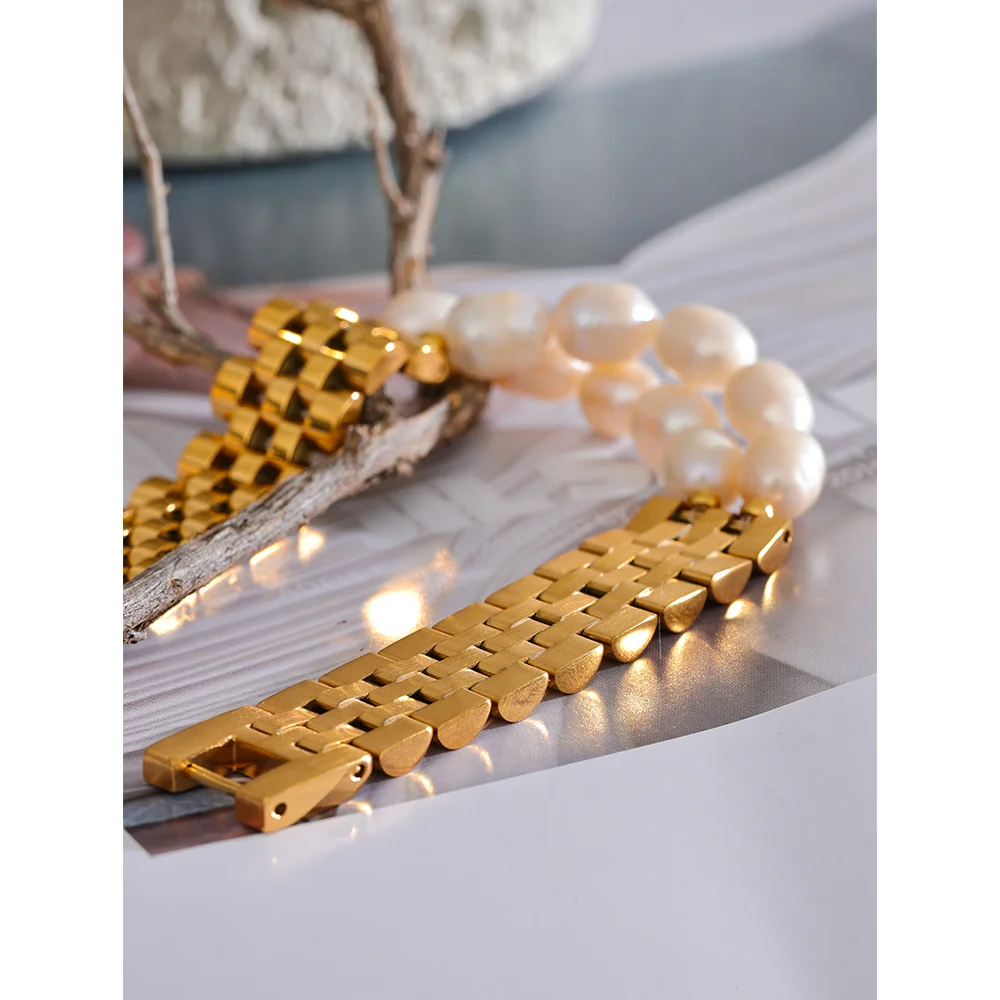 Luxury Pearl Cuban Bracelet – 18K Gold Plated 316L Stainless Steel Waterproof