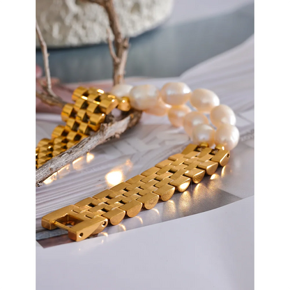 Luxury Pearl Cuban Bracelet – 18K Gold Plated 316L Stainless Steel Waterproof