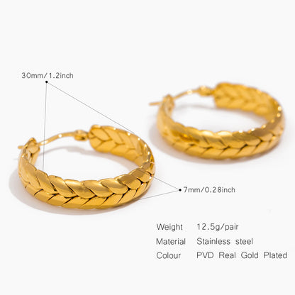 Wheat Pattern Hoop Earrings for Women Classic Round Stainless Steel Earrings 30mm