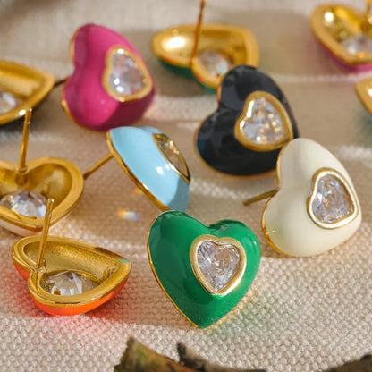 Elegant Colorful Heart Enamel Stud Earrings with CZ – Chic Jewelry