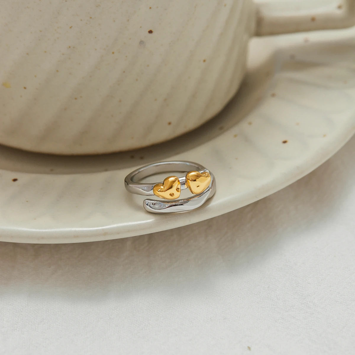 Two Color Heart Love Open Ring Stainless Steel Finger Jewelry Waterproof Geometric Adjustable Rings For Women