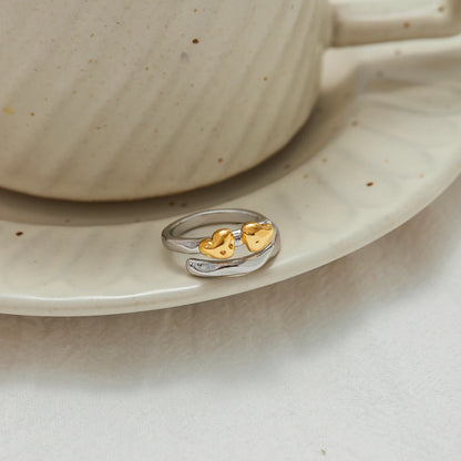 Two Color Heart Love Open Ring Stainless Steel Finger Jewelry Waterproof Geometric Adjustable Rings For Women