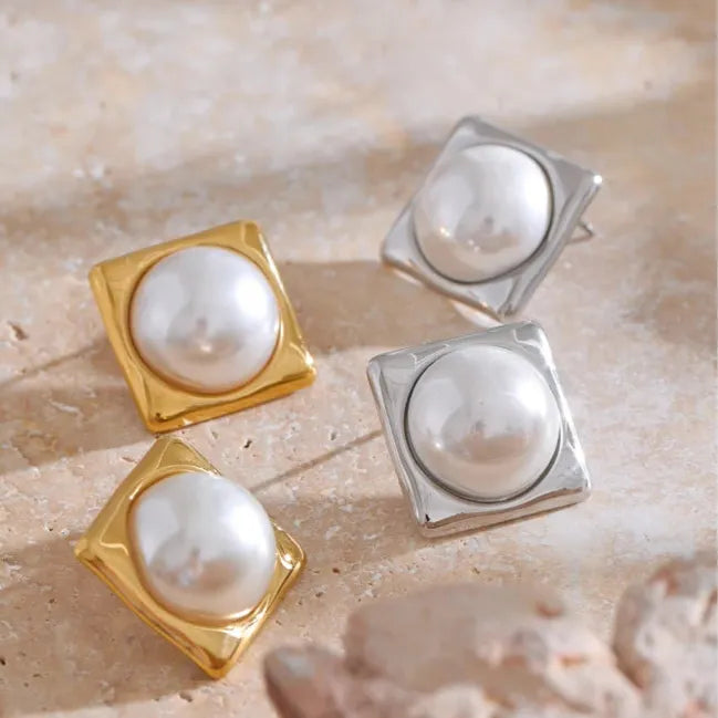 Elegant Square Pearl Stud Earrings – 316L Gold Plated