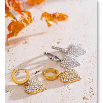 Cubic Zirconia Heart Drop Earrings - 18K Gold Plated Stainless Steel Classic Romantic Daily Wear Jewelry Waterproof