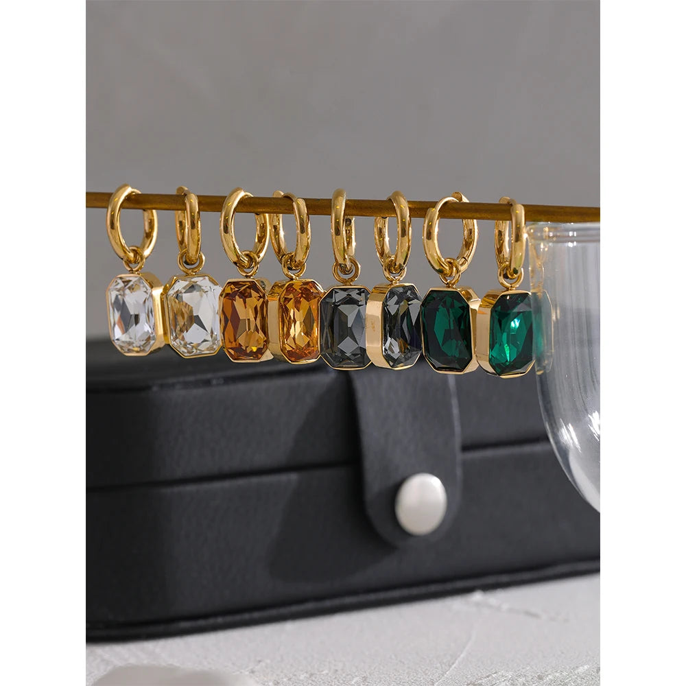 Stainless Steel Cubic Zirconia Drop Dangle Charms Trendy Earrings 18k-gold-plated Green Square Earring Jewelry
