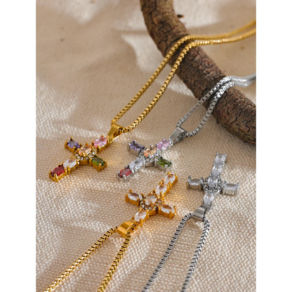 Colorful Cubic Zirconia Cross Pendant Necklace – Gold Stainless Steel