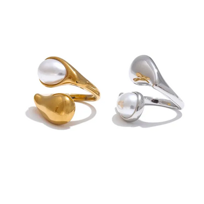 Luxe Jewels Pearl Adjustable Ring for Women - Stainless Steel Gold Jewelry