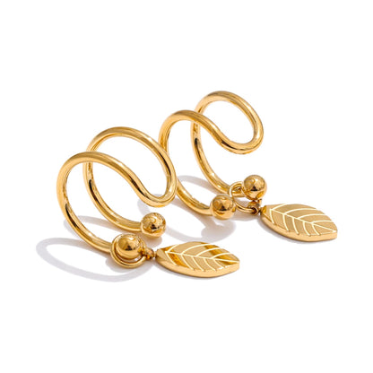Luxe Jewels 18K Gold Plated Trendy Stainless Steel Double Layer Leaf Drop Ear Clip - No Piercing Earrings for Women