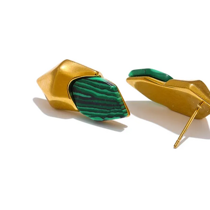 Gold Plated Green Malachite Geometric Earrings – Tarnish Resistant Studs