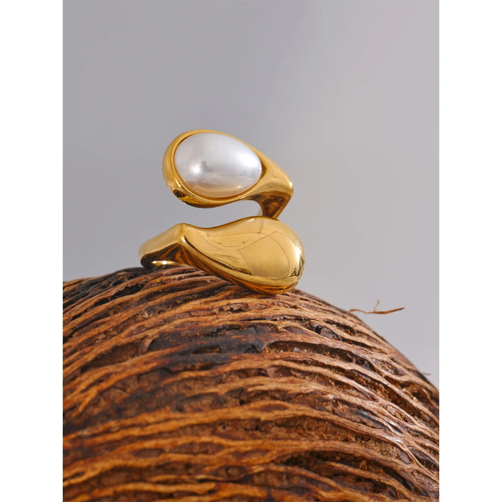Luxe Jewels Pearl Adjustable Ring for Women - Stainless Steel Gold Jewelry