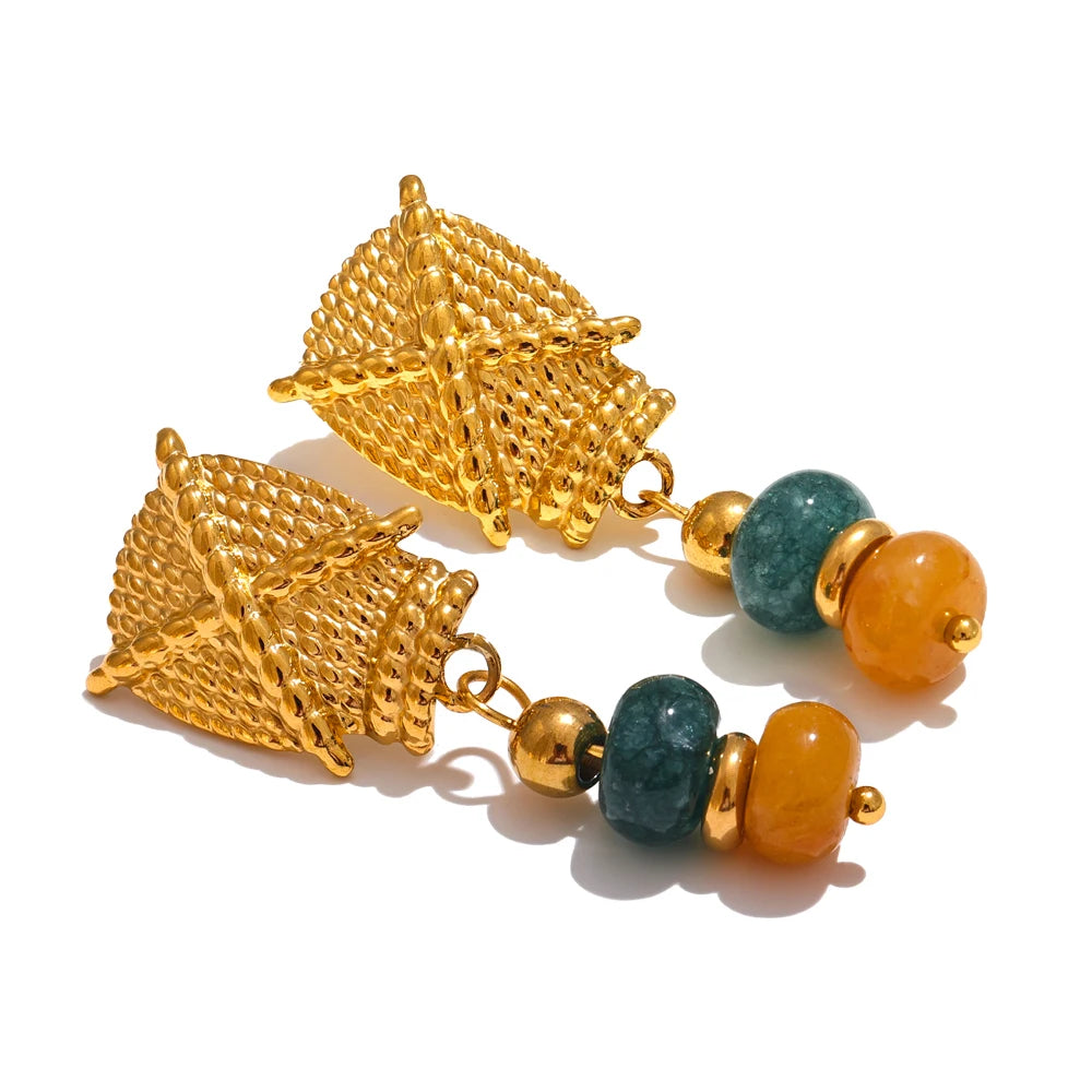 Handmade Waterproof Golden Drop Earrings – Natural Stone Design