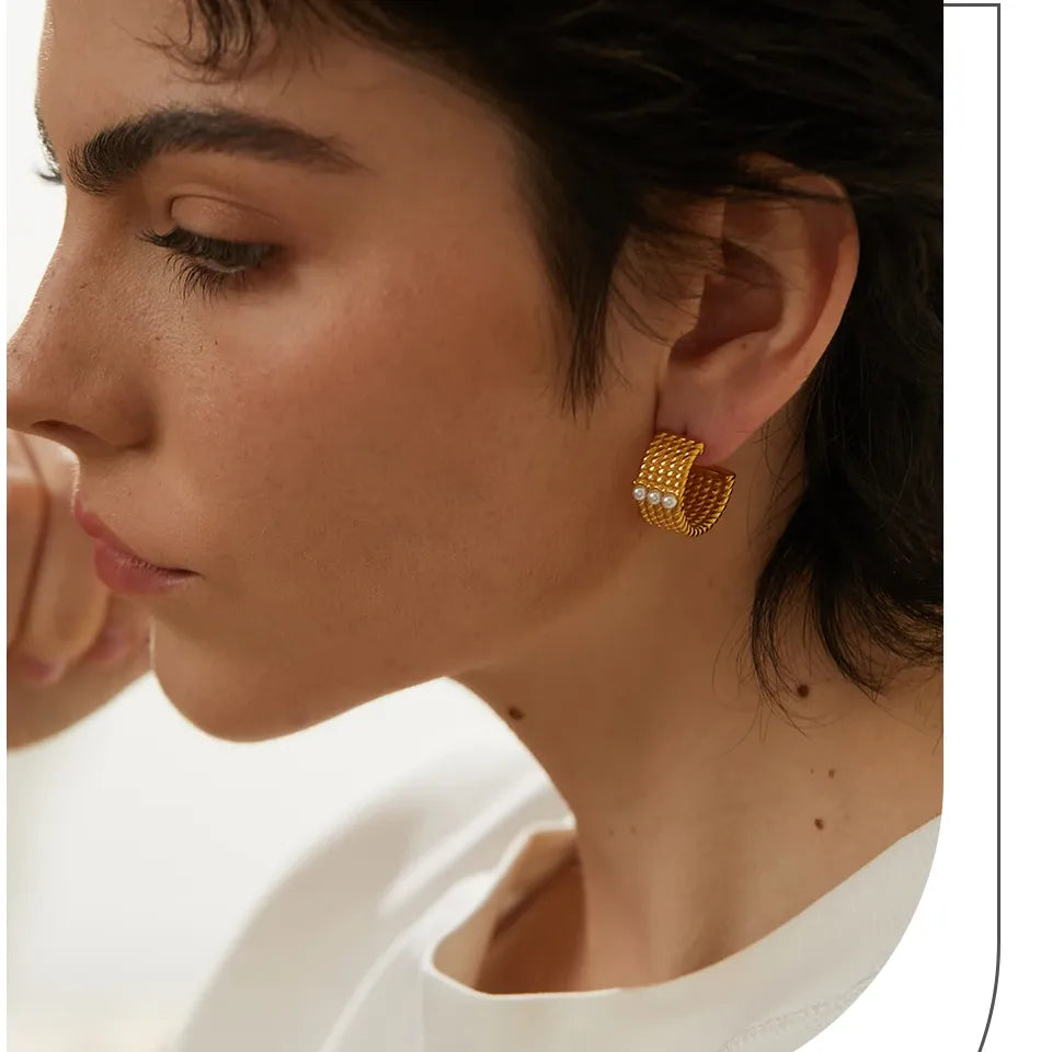 Stainless Steel 18K Gold Plated Waterproof Pearl Hoop Earrings Trendy Fashion Quality Jewelry