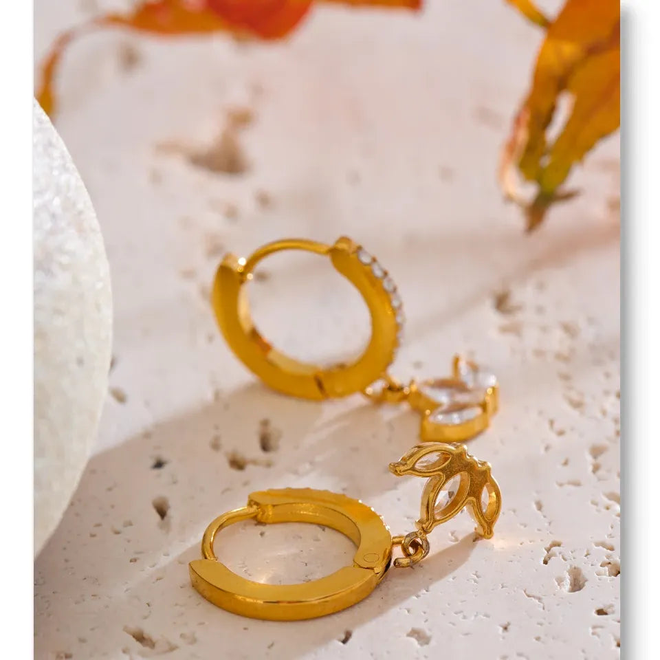 Waterproof Cubic Zirconia Flower Drop Hoop Earrings Hypoallergenic Stainless Steel Gold Color Daily Wear Fashion Jewelry