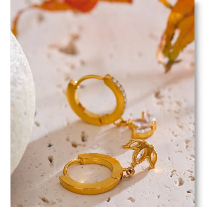 Waterproof Cubic Zirconia Flower Drop Hoop Earrings Hypoallergenic Stainless Steel Gold Color Daily Wear Fashion Jewelry