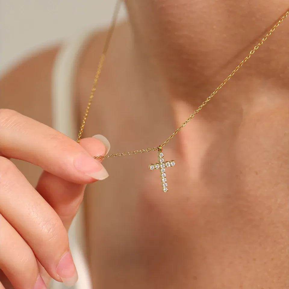 Cubic Zirconia Cross Pendant – 316L Gold Stainless Steel Necklace