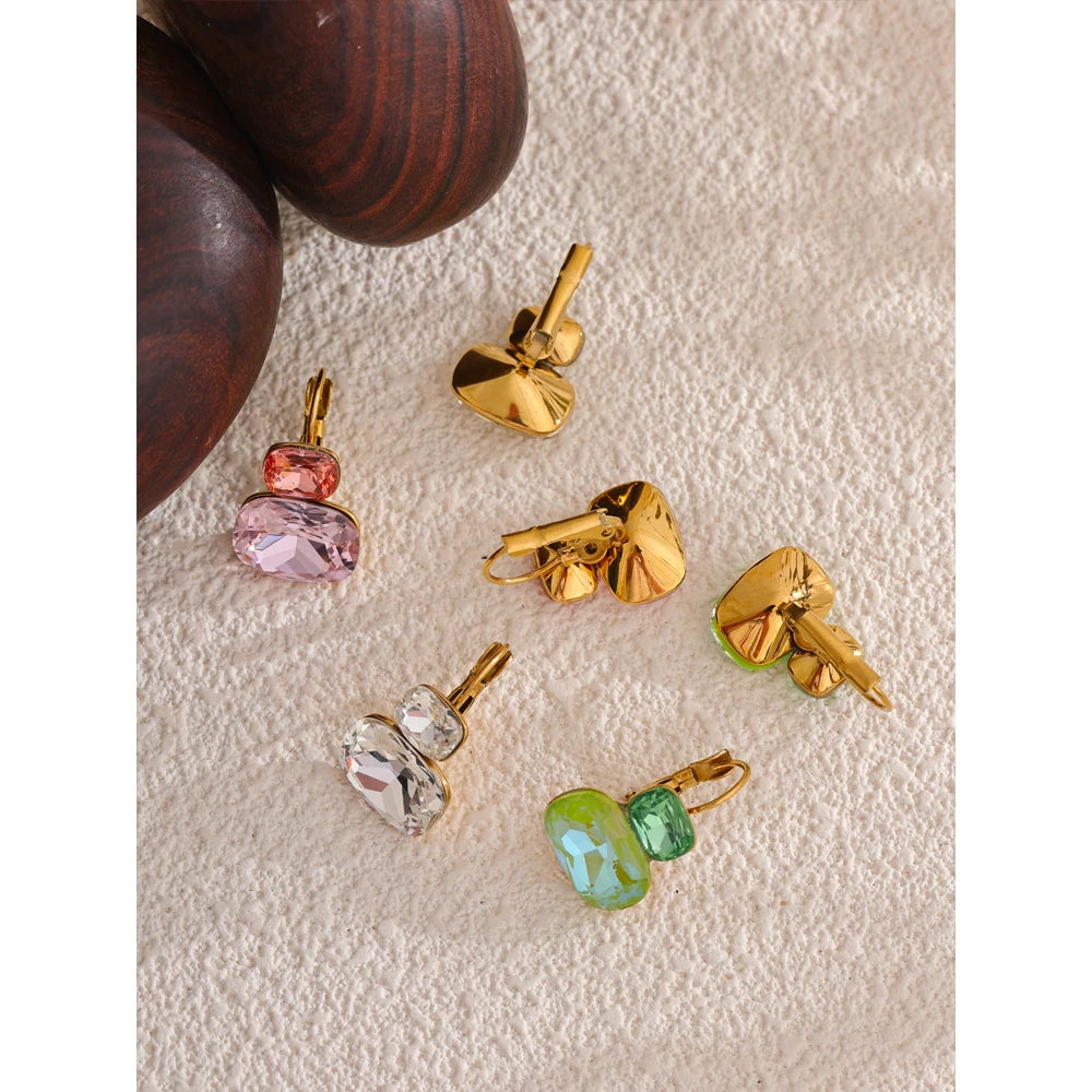 Crystal Stud Earrings French Hoops Trendy White Green Pink Jewelry for Women 18k PVD Plated