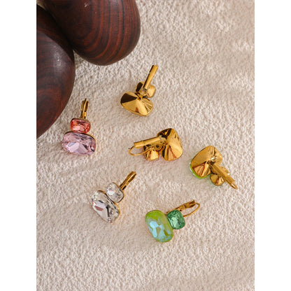 Crystal Stud Earrings French Hoops Trendy White Green Pink Jewelry for Women 18k PVD Plated