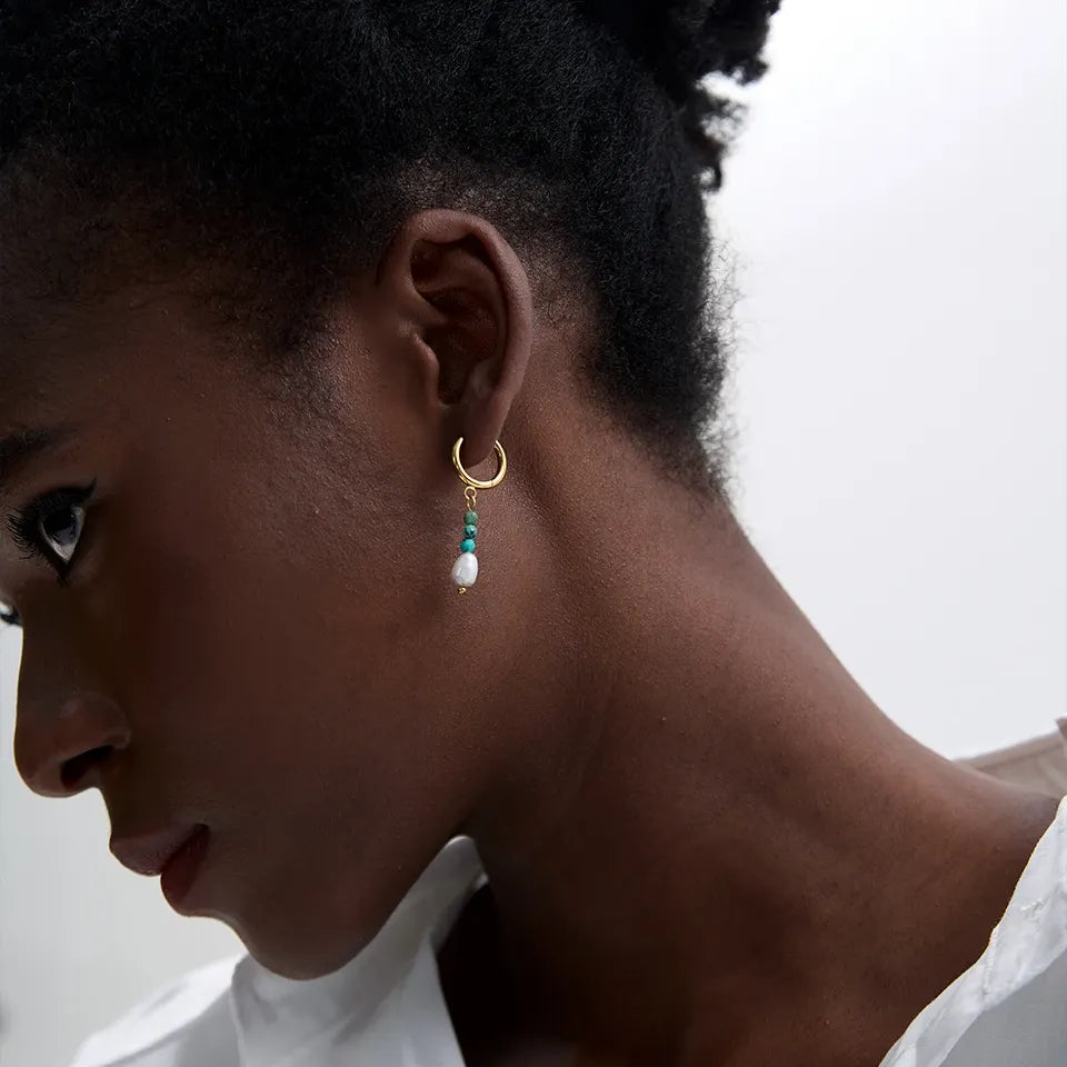 Freshwater Pearl & Stone Drop Hoop Earrings – Gold Plated