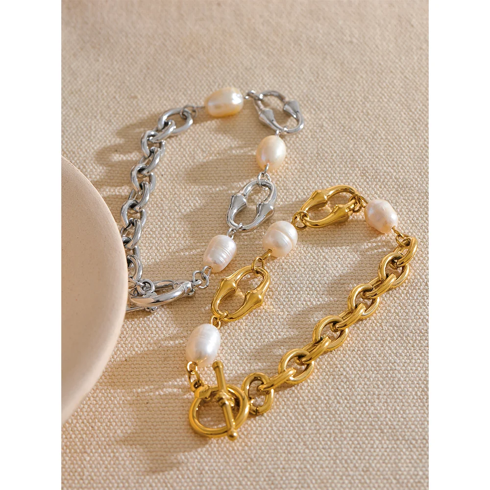Natural Pearl Toggle Bracelet – 316L Stainless Steel, Waterproof