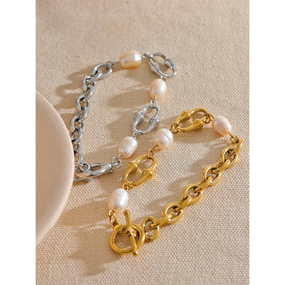 Natural Pearl Toggle Bracelet – 316L Stainless Steel, Waterproof