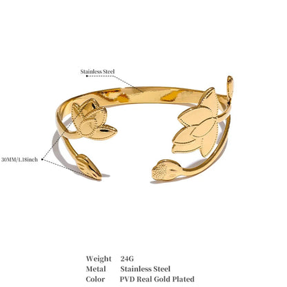 Big Flower Open Cuff Bracelet – Stainless Steel Gold Bangle