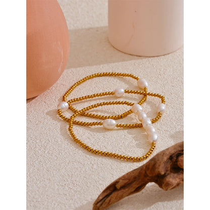 Freshwater Pearl & Bead Bracelet – Gold Plated Stainless Steel, Handmade
