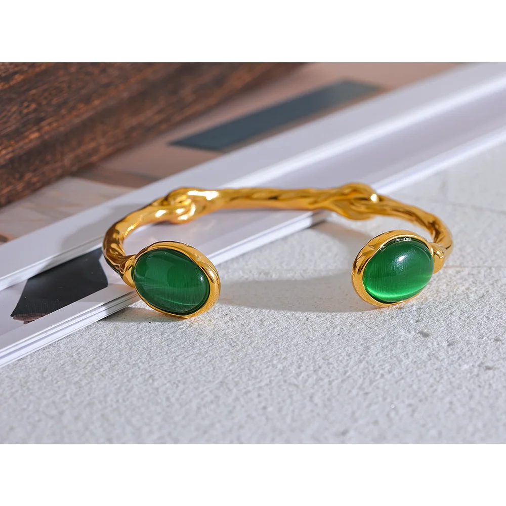 Green Stone Cuff Bracelet – Gold Plated Stainless Steel, Textured 18K Plated Waterproof Jewelry