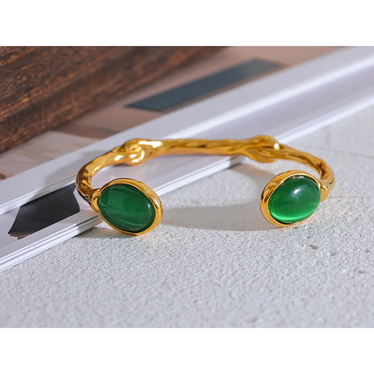 Green Stone Cuff Bracelet – Gold Plated Stainless Steel, Textured 18K Plated Waterproof Jewelry