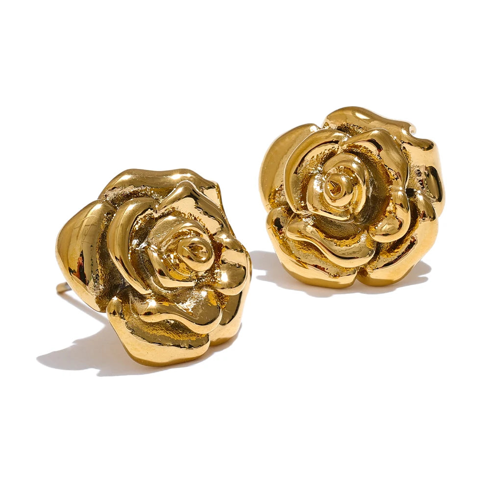 Gold Plated Rose Flower Waterproof Daily Stud Earrings for Women