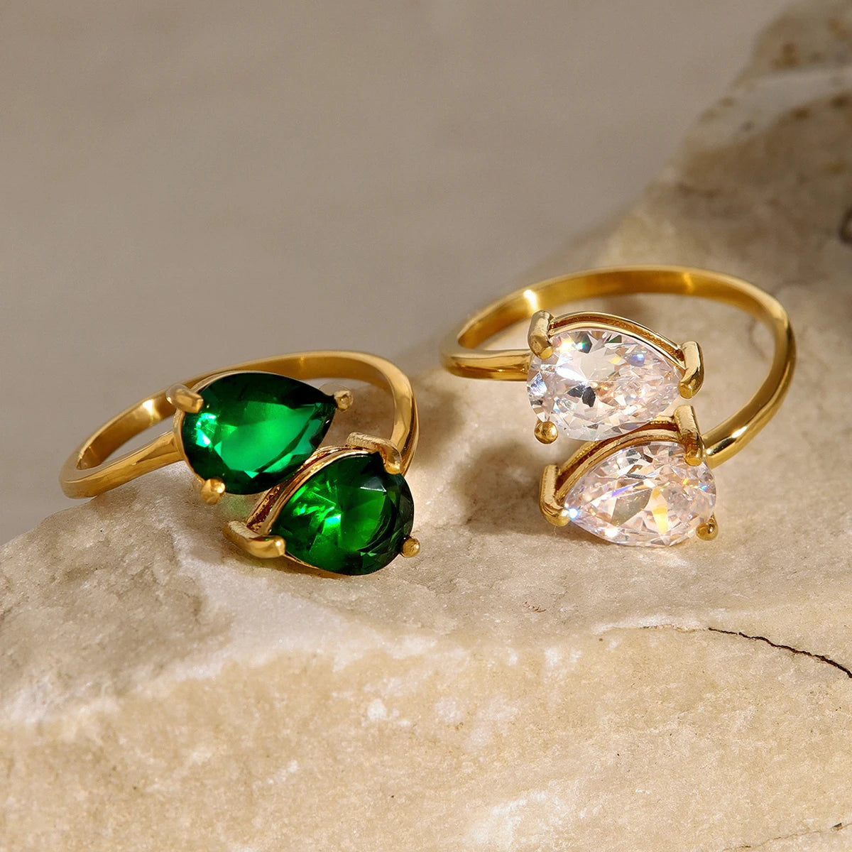Luxe Jewels Elegant Green Double Teardrop Zirconia Ring – 18K Gold Plated Stainless Steel