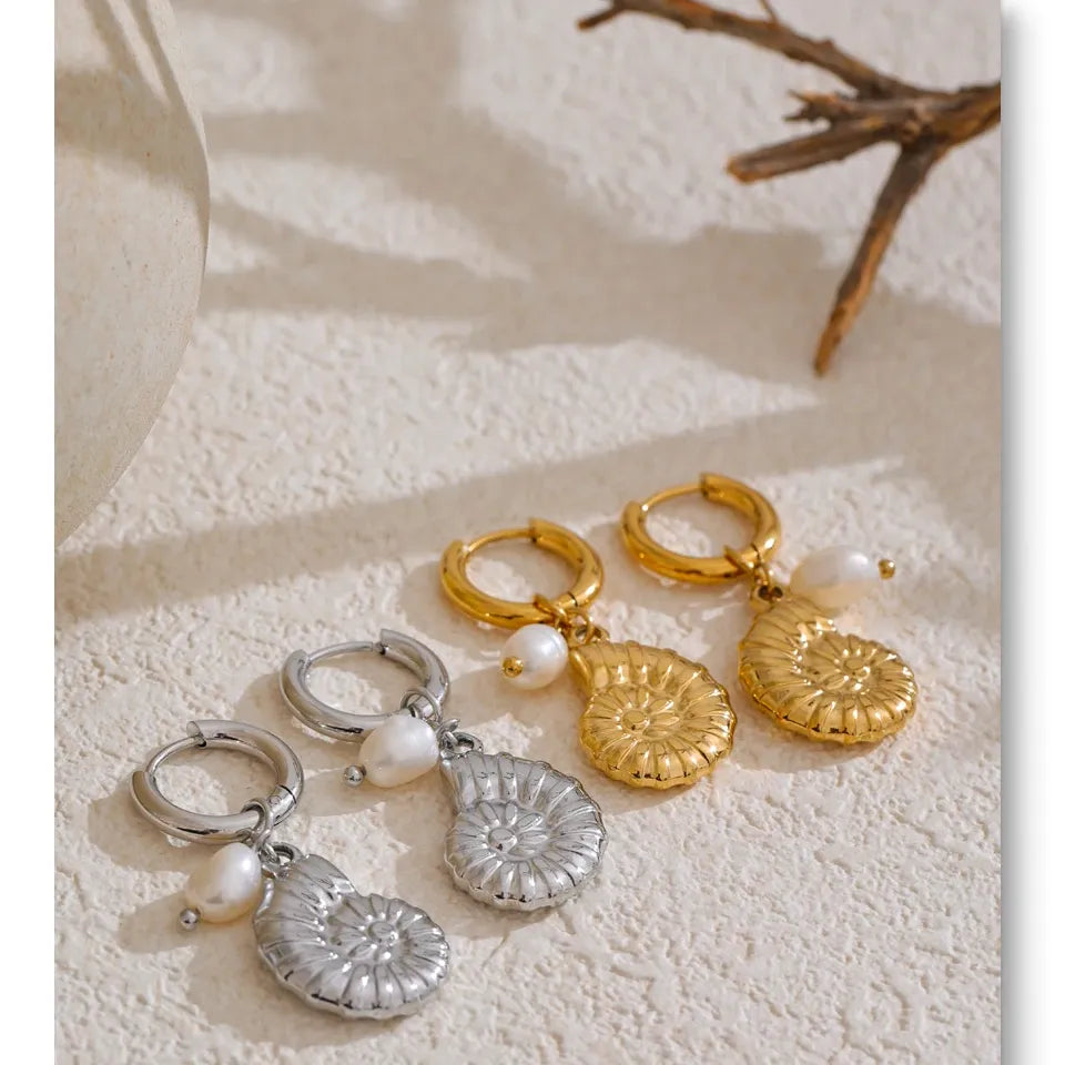 Ocean Theme Natural Pearl Conch Shell Starfish Drop Summer Hoop Earrings for Women Stainless Steel Holiday Daily Jewelry