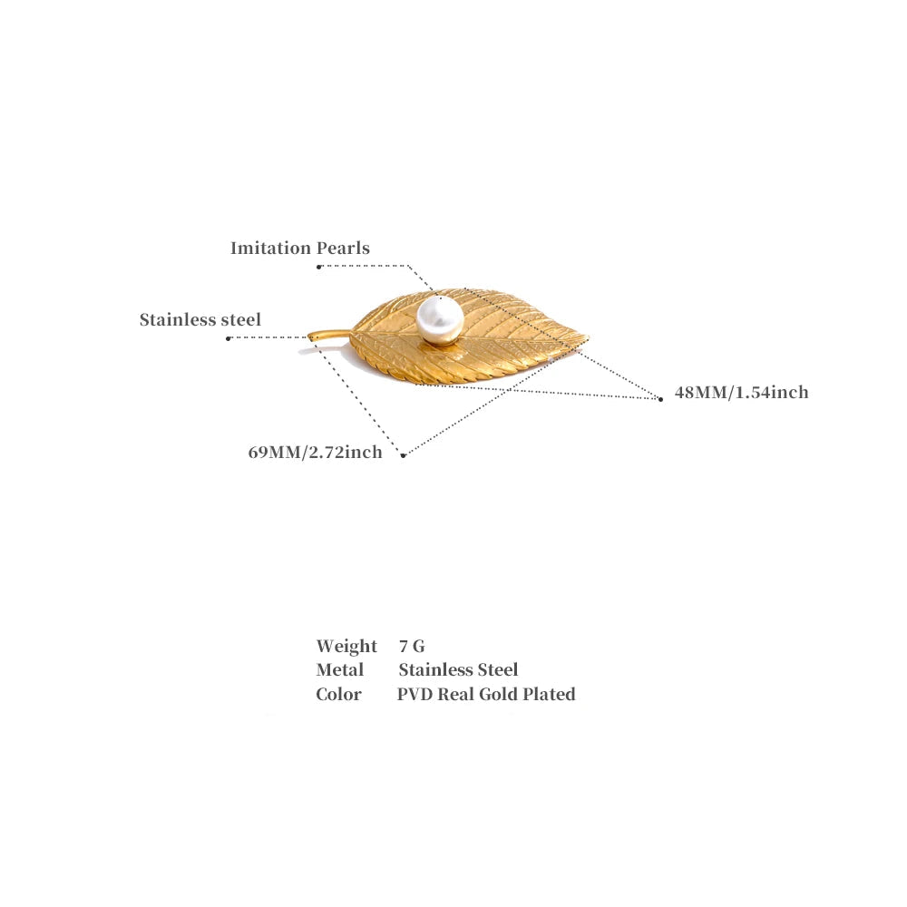 Leaf Pearl Brooch – Minimalist Gold-Plated Stainless Steel Pin