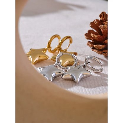Fashion Stainless Steel Star Thick Drop Hoop Earrings Women - 18K Gold Plated Jewelry